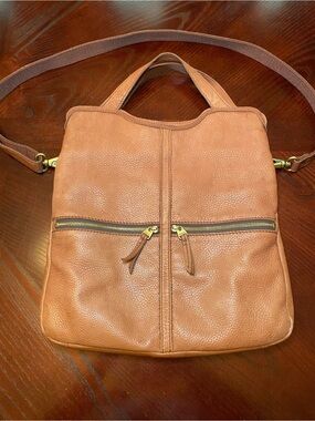 Fossil Tan/Brown Pebbled Leather Fold over Flap Handbag/Shoulder Bag